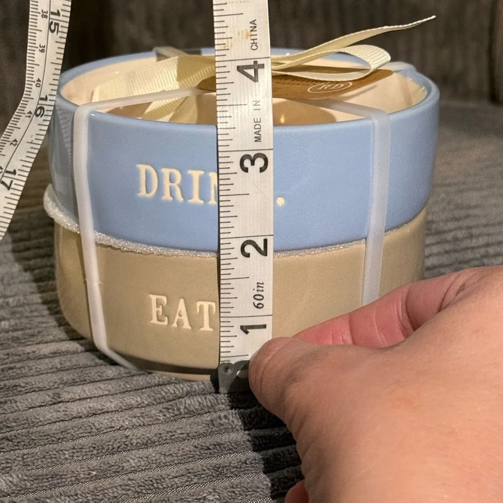 Rae Dunn Blue & Tan Pet DRINK / EAT Ceramic Bowls - Set of 2- NWT